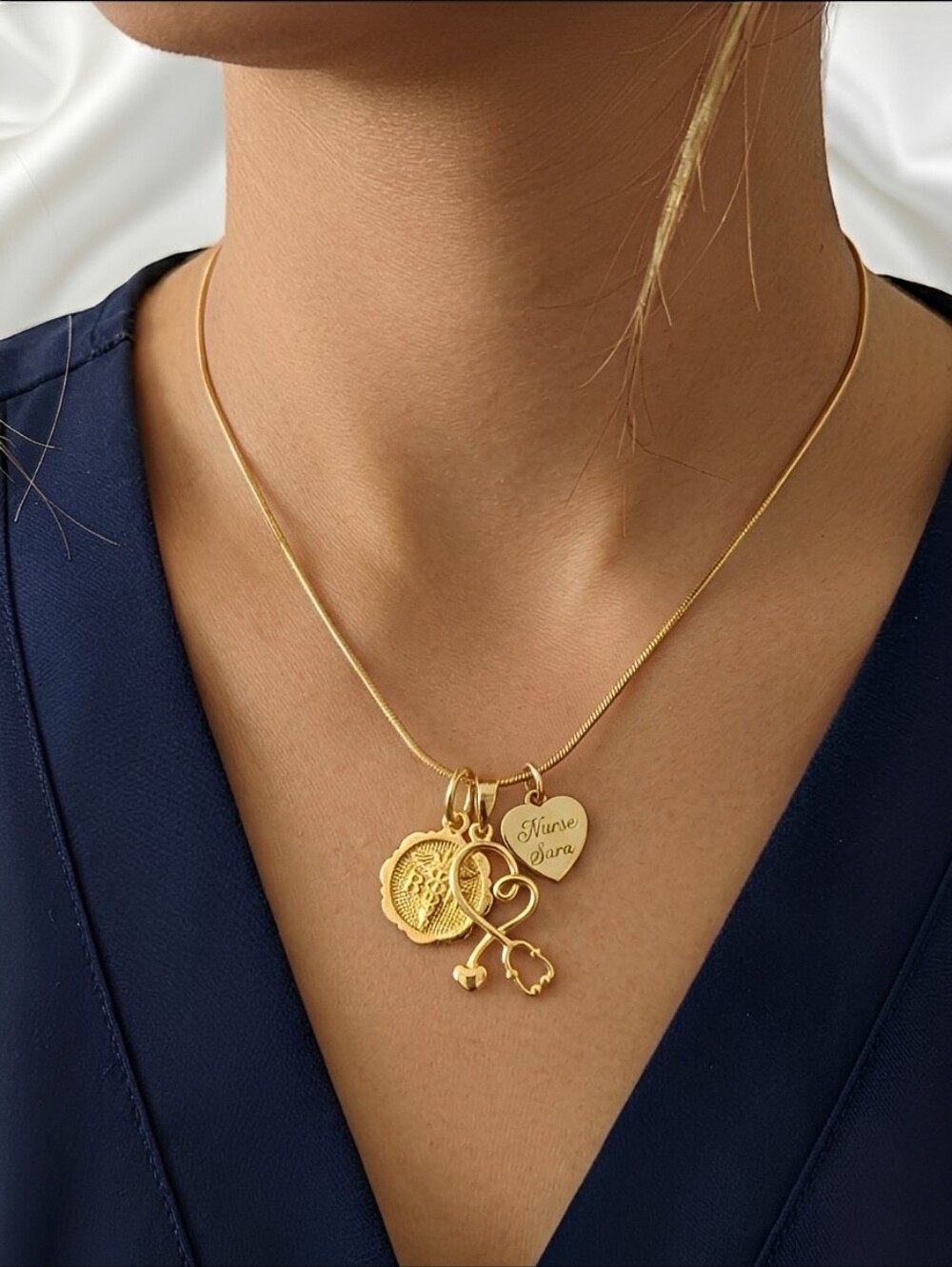 Yellow Gold Necklace With Personalized Registered Nurse Charms
